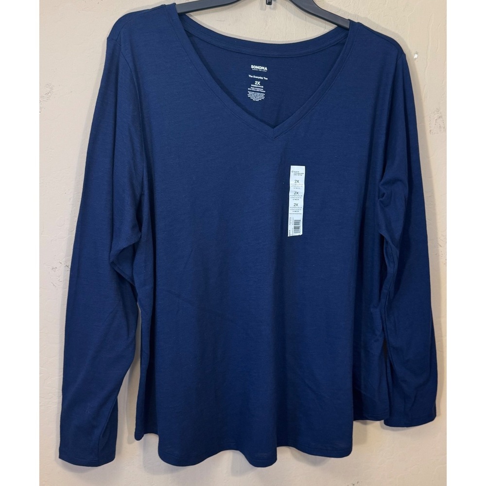 Sonoma Long Sleeve Shirt Women 2X Navy Blue Basic V-Neck Everyday Tee NEW